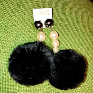 Black fluffy balls with pearl earrings